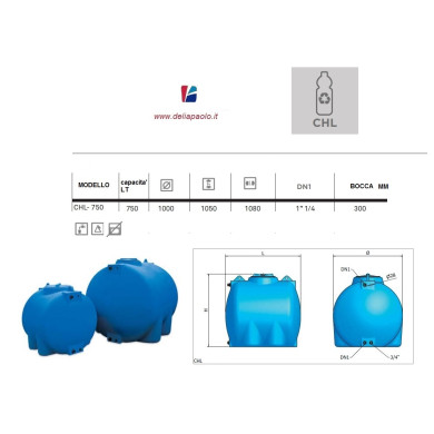 SERBATOIO POLIETILENE ORIZZONTALE CHL 750 LITRI