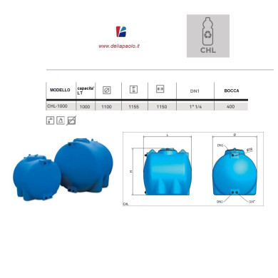 SERBATOIO POLIETILENE ORIZZONTALE CHL 1000 LITRI